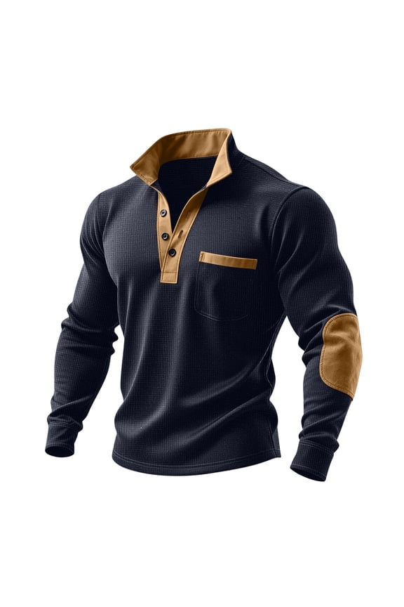 1/4 Button Pullovers for Men Long Sleeve Waffle Stand Collar Tee Shirts Vintage Sweatshirts with Elbow Patches
