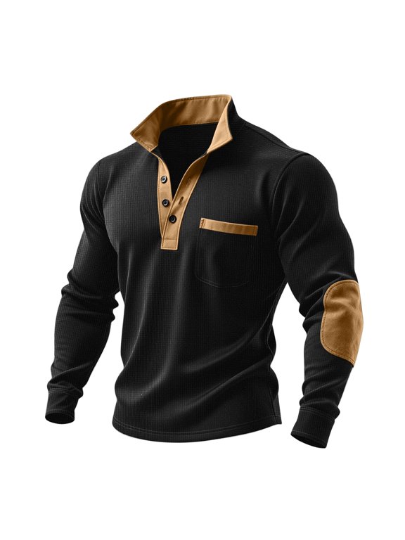 1/4 Button Pullovers for Men Long Sleeve Waffle Stand Collar Tee Shirts Vintage Sweatshirts with Elbow Patches
