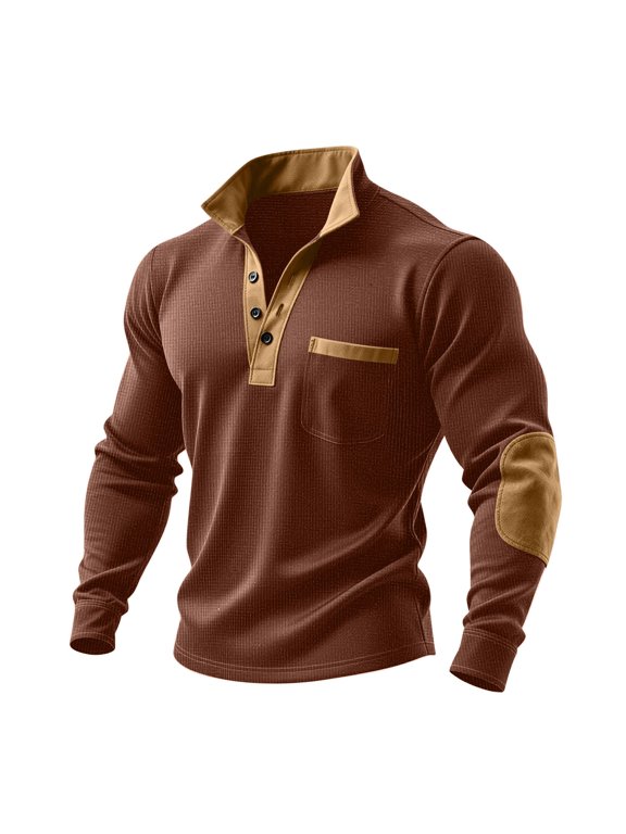 1/4 Button Pullovers for Men Long Sleeve Waffle Stand Collar Tee Shirts Vintage Sweatshirts with Elbow Patches