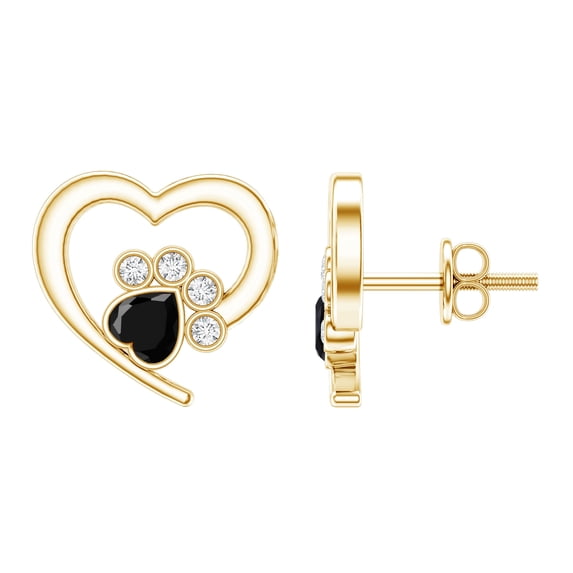 Rosec Jewels Bezel Set Heart Shape Black Spinel Paw Stud Earrings with Moissanite, 10K Yellow Gold