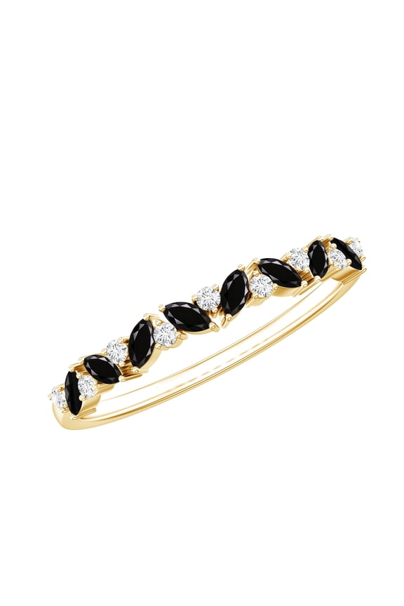 Natural Marquise Cut Black Onyx and Diamond Semi Eternity Ring, Diamond Accent Stackable Ring, December Birthstone Ring, 14K Yellow Gold, US 7.00