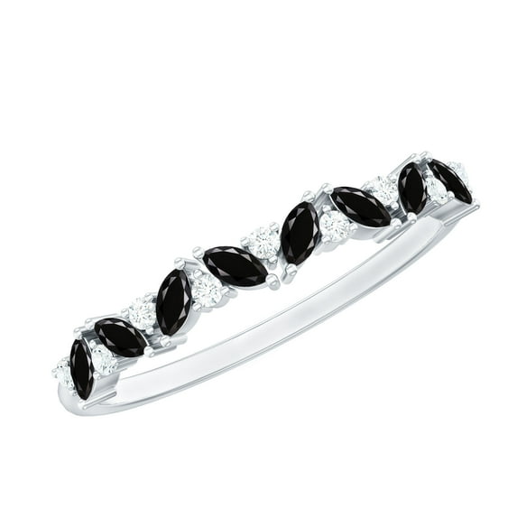 Rosec Jewels Natural Marquise Cut Black Onyx and Diamond Semi Eternity Ring, Diamond Accent Stackable Ring, December Birthstone Ring, 18K White Gold, US 13.00