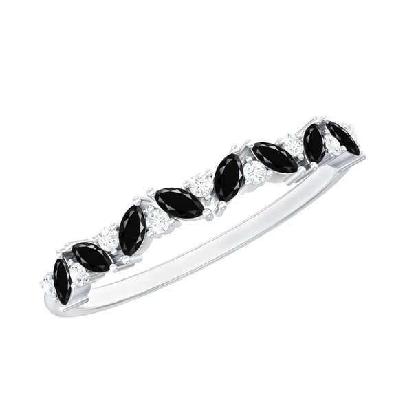 Rosec Jewels Natural Marquise Cut Black Onyx and Diamond Semi Eternity Ring, Diamond Accent Stackable Ring, December Birthstone Ring, 18K White Gold, US 8.00