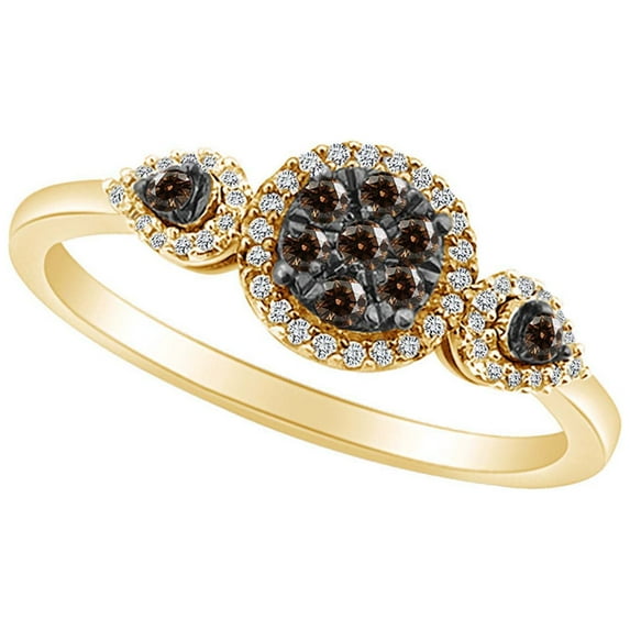 AFFY 1/4 CT Round Champagne & White Natural Diamond Engagement Collared Promise Ring 10k Solid Yellow Gold (Clarity - I2-I3, 0.25 Cttw) Ring Size-5