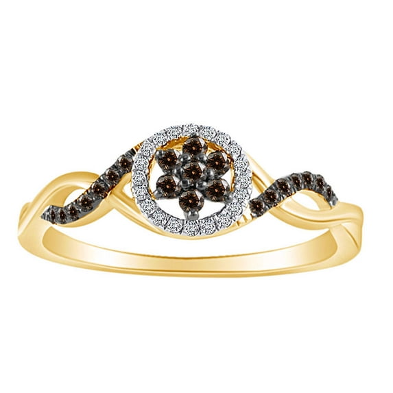 AFFY 1/4 CT Round Champagne & White Natural Diamond Twist Shank Engagement Promise Ring 10k Solid Yellow Gold (I2-I3 Clarity, 0.25 Cttw) Ring Size-12
