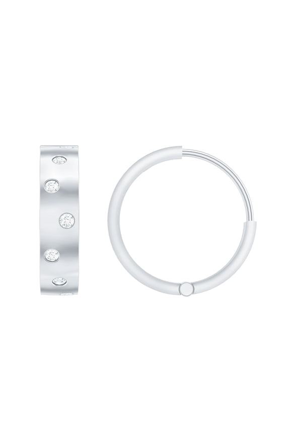 Scatter Diamond Small Hoop Earrings, Gypsy Set Diamond Earrings with Hinged Hoop, 10K White Gold