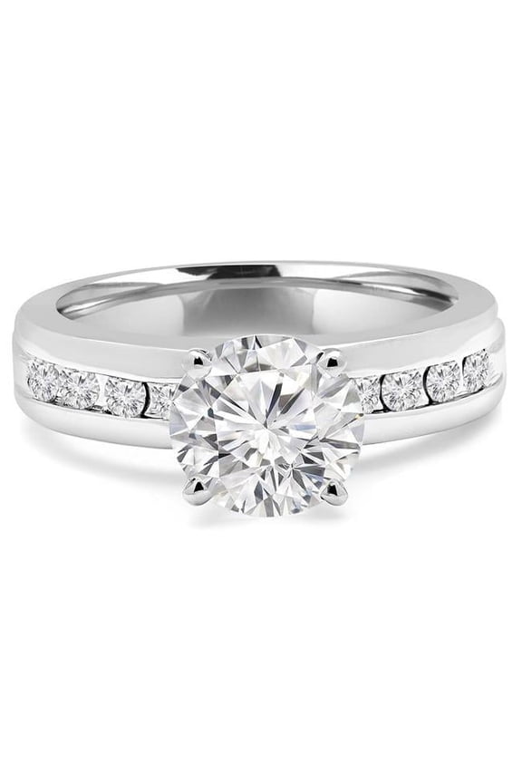 1.4 CTW Round Diamond Solitaire Engagement Ring with Channel Set Accents in 14K White Gold - Size 3.5