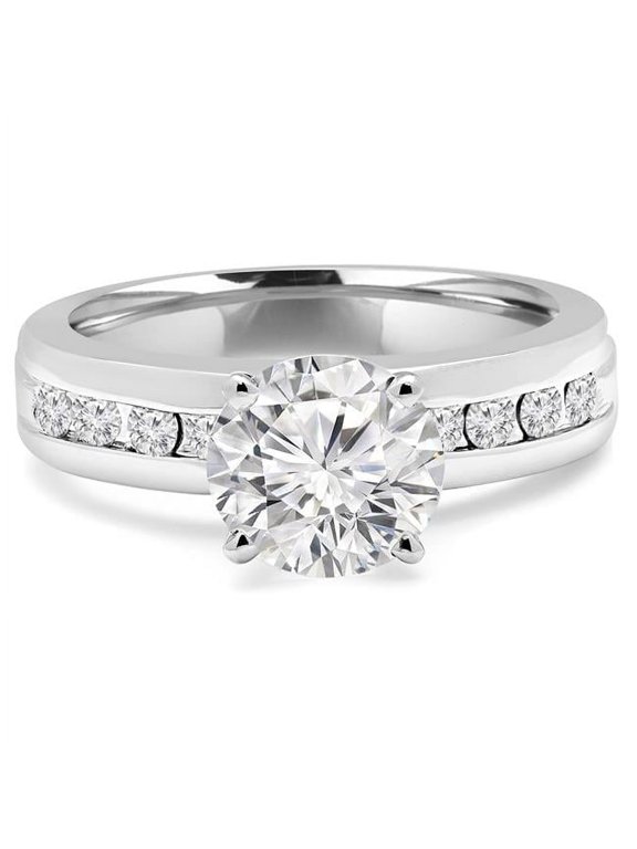 1.4 CTW Round Diamond Solitaire Engagement Ring with Channel Set Accents in 14K White Gold - Size 8