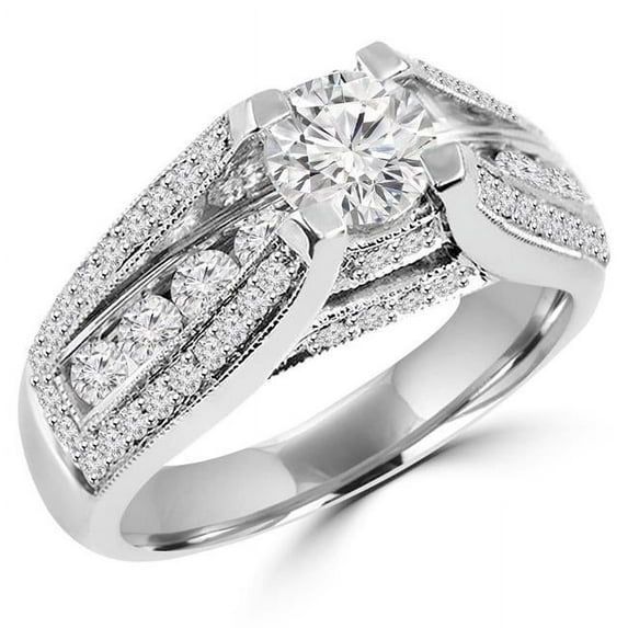 1.4 CTW Round Diamond vintage Three-Row Solitaire with Accents Engagement Ring in 14K White Gold - Size 4