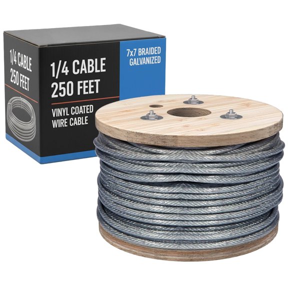 1/4 Cable, Wire Rope, 1/4" OD, 0.149" ID, 7x7 Braided, Coated Cable, Vinyl Coated Wire Rope, Clothes line, Clothesline, Aircraft, Tension, Galvanized Metal, Steel, Plastic Covered, 250 Feet