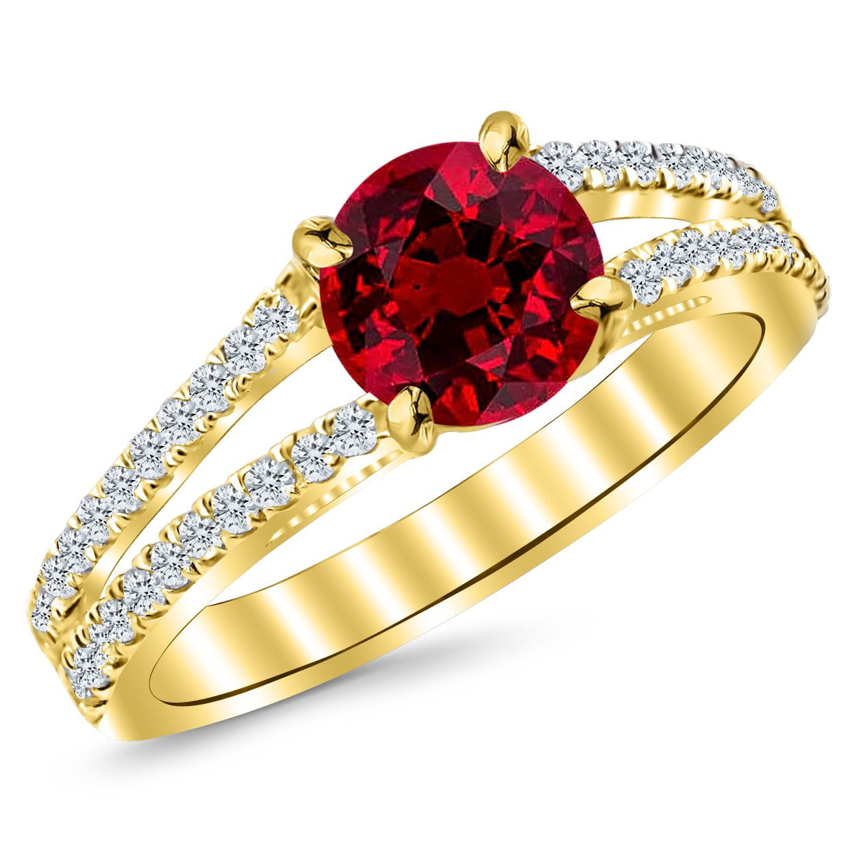 Split Rin G 1.4 Carat 14K Yellow Gold Classic Double Row Pave Set Split Shank ...