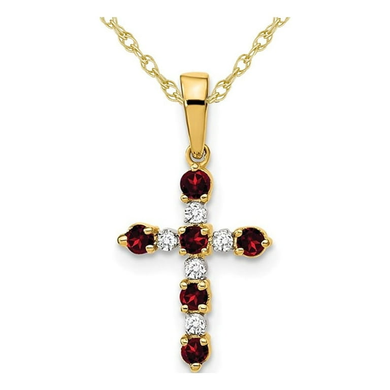 1/4 Carat (Ctw) Garnet Cross Pendant Necklace with Accent Diamonds in 14K  Yellow Gold with Chain