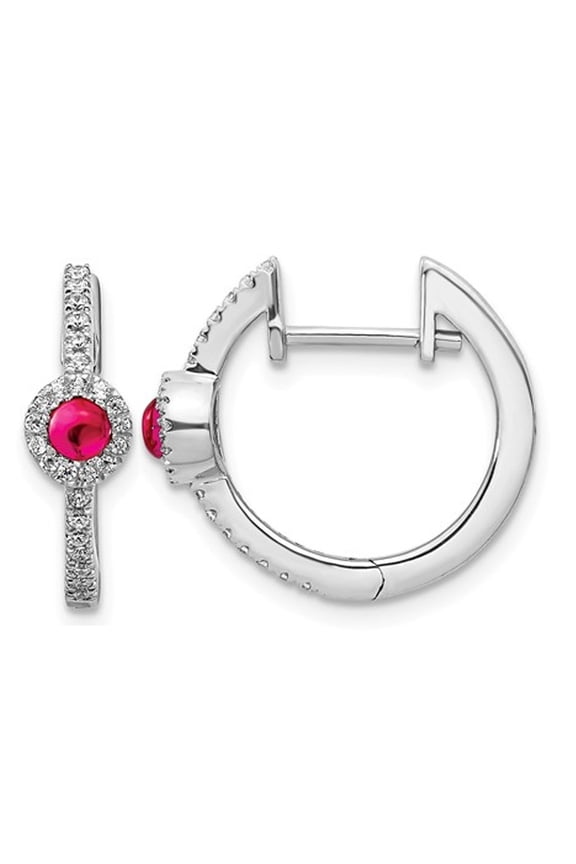 1/4 Carat (Ctw) Natural Cabochon Ruby Hoop Earrings in 14K White Gold with Diamonds 1/5 Carat (Ctw) for Women