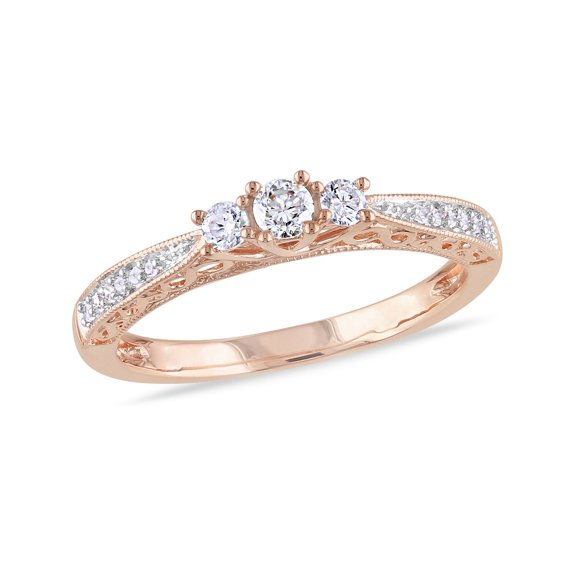 Gem & Harmony 1/4 Carat (Ctw) Three-Stone Diamond Ring 10K Rose Pink Gold for Women