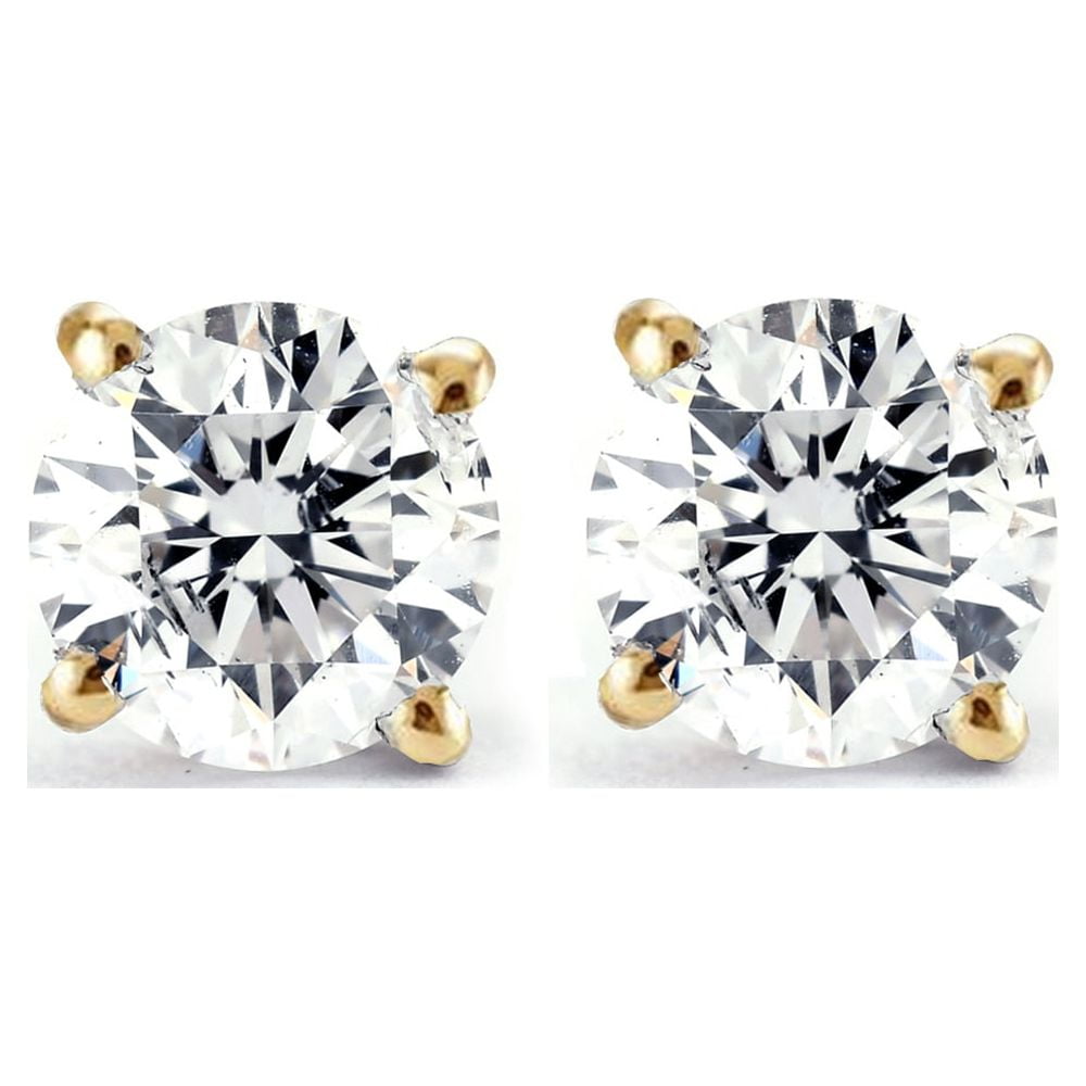 14K Solid Gold Round Diamond Stud Earrings