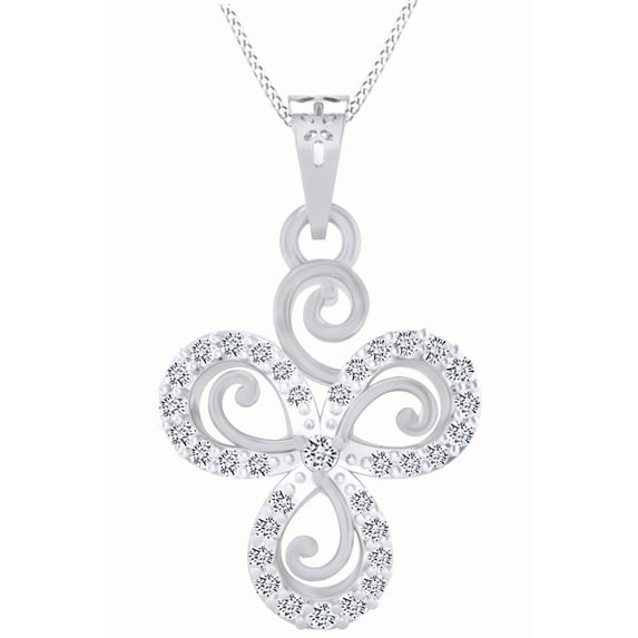AFFY 1/4 Carat Natural Diamond Three Petal Flower Pendant Necklace 14k White Gold (0.25 Cttw)