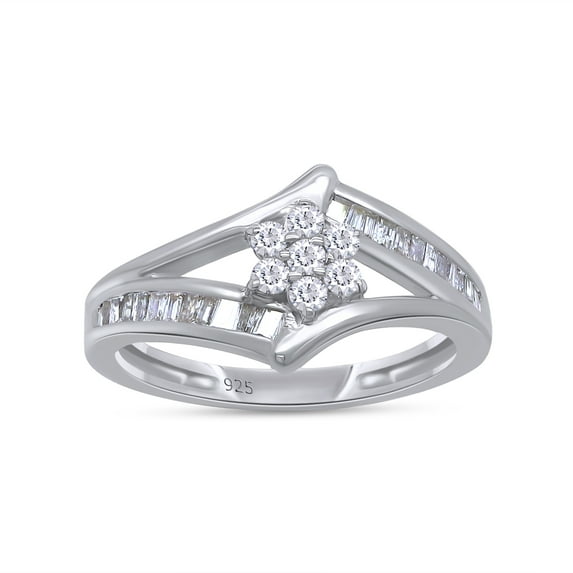 AFFY 1/4 Carat Round & Baguette Cut Natural White Diamond Promise Ring For Women's In 14k White Gold Over Sterling Silver (0.25 Cttw, I2-I3 Clarity), Ring Size-7