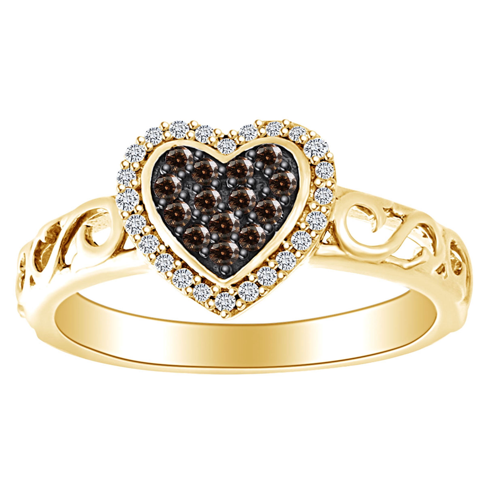 AFFY 1/4 Carat Round Cut Brown & White Natural Diamond Filigree Heart ...