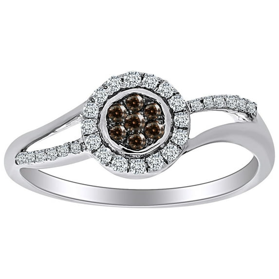 AFFY 1/4 Carat Round Cut Brown & White Natural Diamond Halo Ring 10K Solid White Gold (0.25 Cttw)-Ring Size-8.5