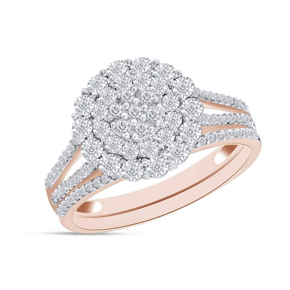 AFFY 1/4 Carat Round Cut Natural Diamond Flower Bridal Set Engagement Ring In 14K Rose Gold Over Sterling Silver (0.25 Cttw, I2-I3 Clarity), Ring Size-9.5
