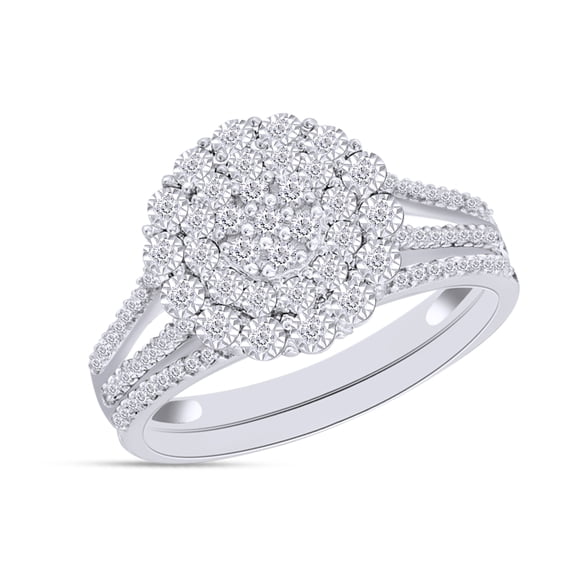 AFFY 1/4 Carat Round Cut Natural Diamond Flower Bridal Set Engagement Ring In 14K White Gold Over Sterling Silver (0.25 Cttw, I2-I3 Clarity), Ring Size-12