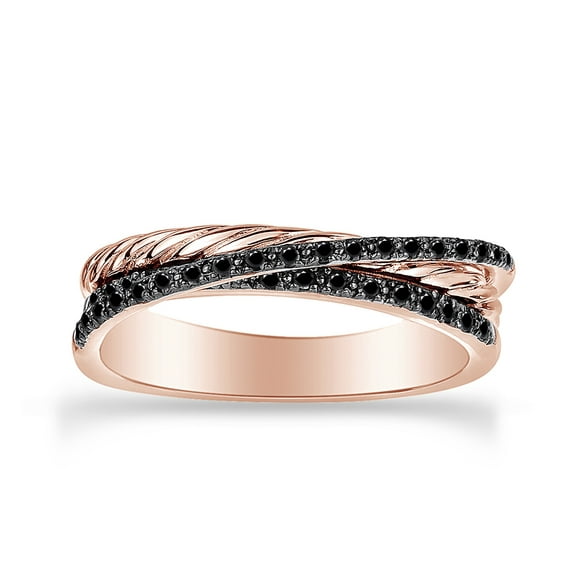 1/4 Carat Round Cut Natural Enhanced Black Diamond Crisscross Ring In 14K Rose Gold Over Sterling Silver (0.25 Cttw, I2-I3 Clarity), Ring Size- 10