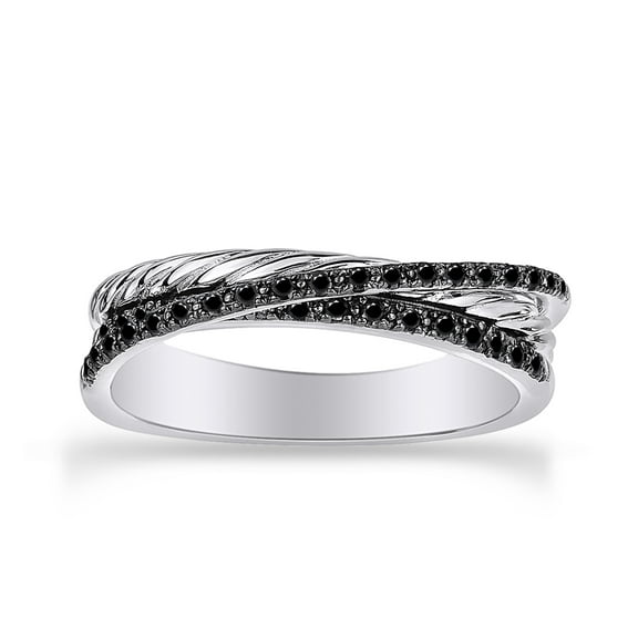 1/4 Carat Round Cut Natural Enhanced Black Diamond Crisscross Ring In 14K White Gold Over Sterling Silver (0.25 Cttw, I2-I3 Clarity), Ring Size- 6.5