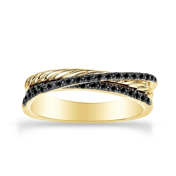 1/4 Carat Round Cut Natural Enhanced Black Diamond Crisscross Ring In 14K Yellow Gold Over Sterling Silver (0.25 Cttw, I2-I3 Clarity), Ring Size- 9