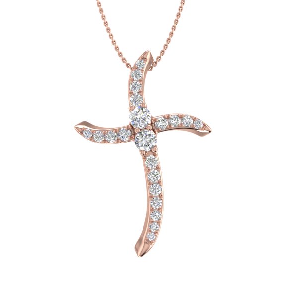 1/4 Carat Round Diamond Cross Pendant Neckalce in 14K Rose Gold (Silver Chain Included) (I1-I2 Clarity)