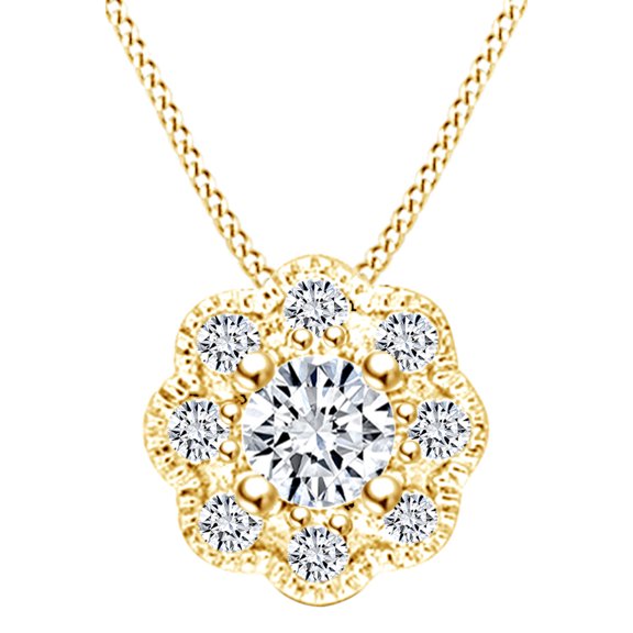 AFFY 1/4 Carat Round Shape White Natural Diamond Cluster Flower Pendant Necklace In 10k Solid Yellow Gold (0.25 Cttw)