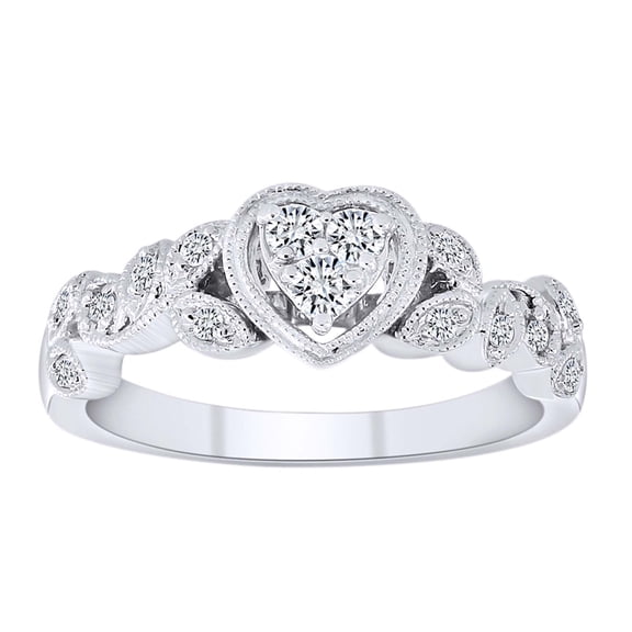 AFFY 1/4 Carat Round Shape White Natural Diamond Filigree Heart Shape Ring In 10K Solid White Gold (0.24 Cttw) Ring Size-6.5