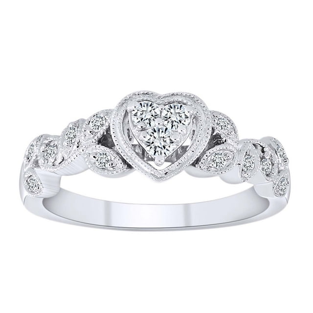 AFFY 1/4 Carat Round Shape White Natural Diamond Filigree Heart Shape Ring In 10K Solid White Gold (0.24 Cttw) Ring Size-8.5