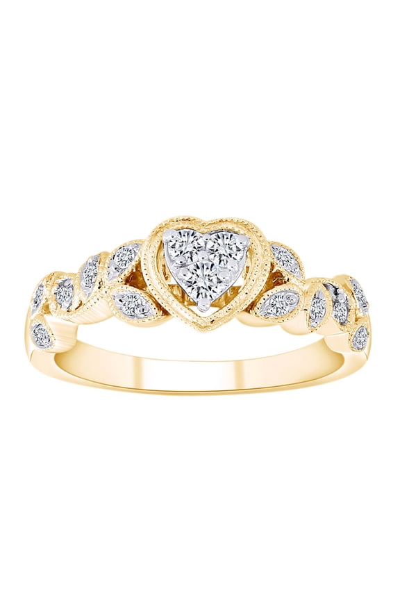 1/4 Carat Round Shape White Natural Diamond Filigree Heart Shape Ring In 10K Solid Yellow Gold (0.24 Cttw) Ring Size-5.5