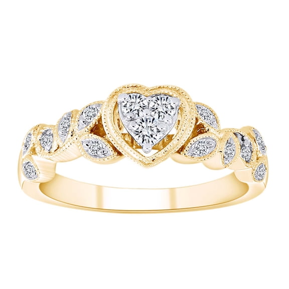 AFFY 1/4 Carat Round Shape White Natural Diamond Filigree Heart Shape Ring In 10K Solid Yellow Gold (0.24 Cttw) Ring Size-6.5