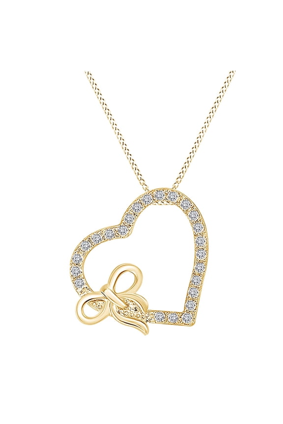 1/4 Carat Round White Natural Diamond Heart Bow Pendant Necklace In 14K Solid Yellow Gold (I-J Color, I2-I3 Clarity, 0.25 Cttw)