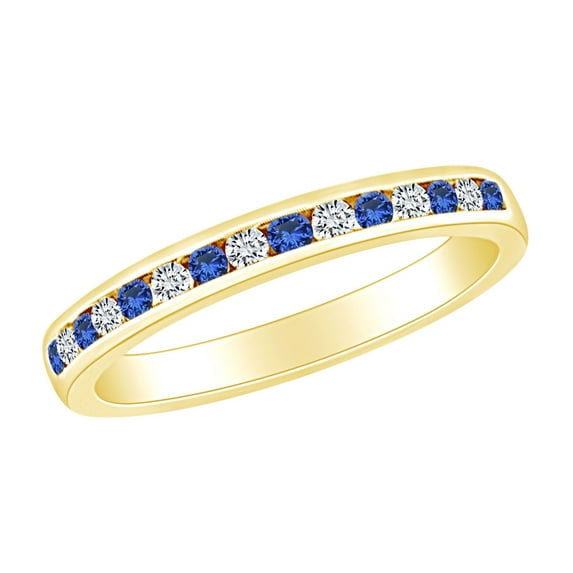 AFFY 1/4 Carat Simulated Blue Sapphire & White Natural Diamond Eternity Band Ring 14k Solid Yellow Gold (0.25 Cttw) Ring Size-5