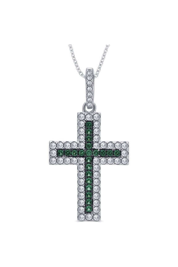 1/4 Carat T.G.W. CZ and Created Emerald Gemstone Sterling Silver Cross Pendant Necklace, 18" Chain