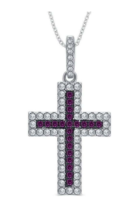 1/4 Carat T.G.W. CZ and Created Ruby Gemstone Sterling Silver Cross Pendant Necklace, 18" Chain