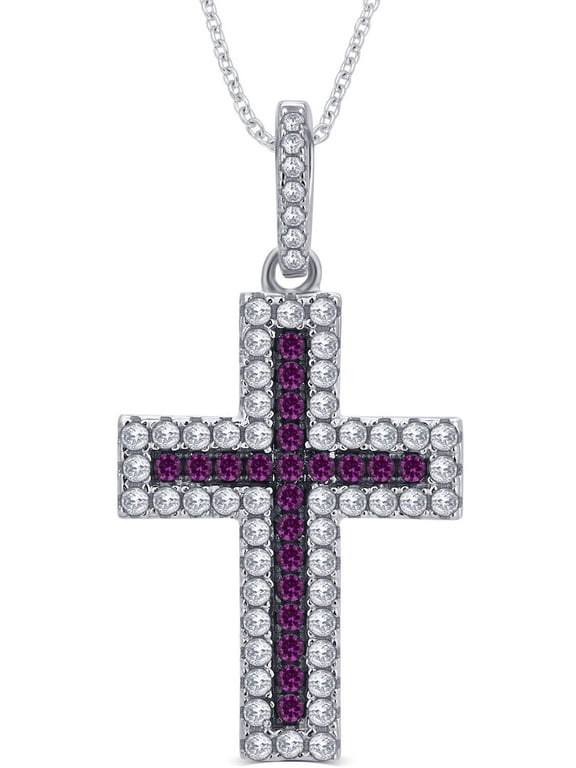 1/4 Carat T.G.W. CZ and Created Ruby Gemstone Sterling Silver Cross Pendant Necklace, 18" Chain