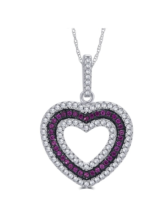 1/4 Carat T.G.W. CZ and Created Ruby Gemstone Sterling Silver Heart Pendant Necklace, 18" Chain