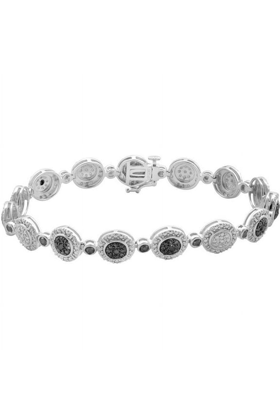 1/4 Carat T.W. Black Princess Diamond Round Frame Sterling Silver Fashion Bracelet, 7"