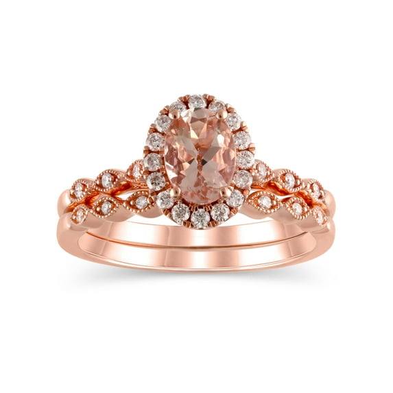 1/4 Carat T.W. (I2 clarity, H-I color) Brilliance Fine Jewelry Oval cut Morganite and Diamond Bridal set in 10kt Pink Gold, Size 6