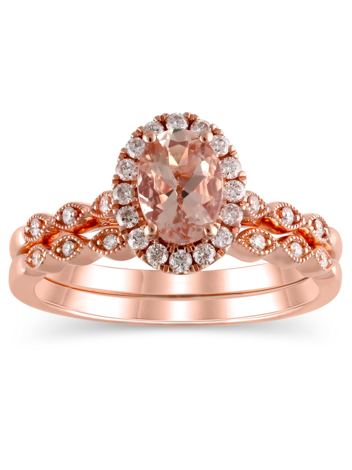 1/4 Carat T.W. (I2 clarity, H-I color) Brilliance Fine Jewelry Oval cut Morganite and Diamond Bridal set in 10kt Pink Gold, Size 9