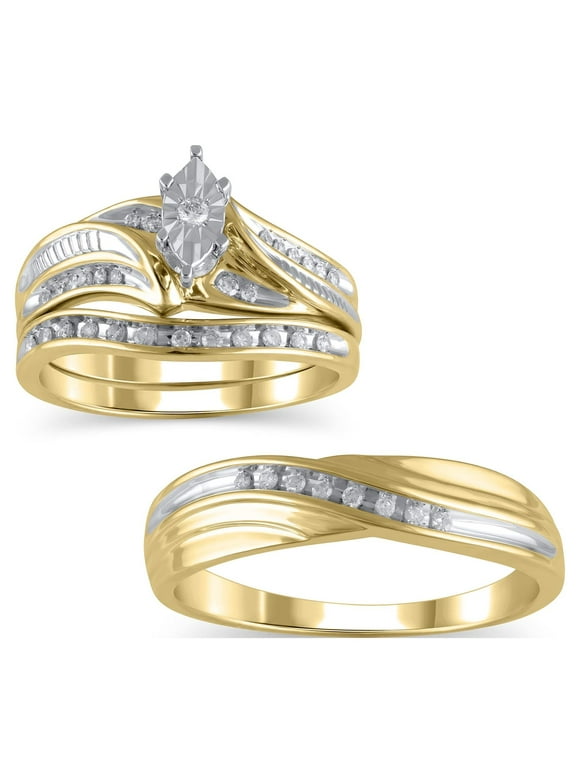 1/4 Carat T.W. (I3 clarity, I-J color) His and Hers Forever Bride Diamond Trio ensemble set of Bridal Ring and Men's Wedding Band in 10K Yellow Gold, Size 7 and 11