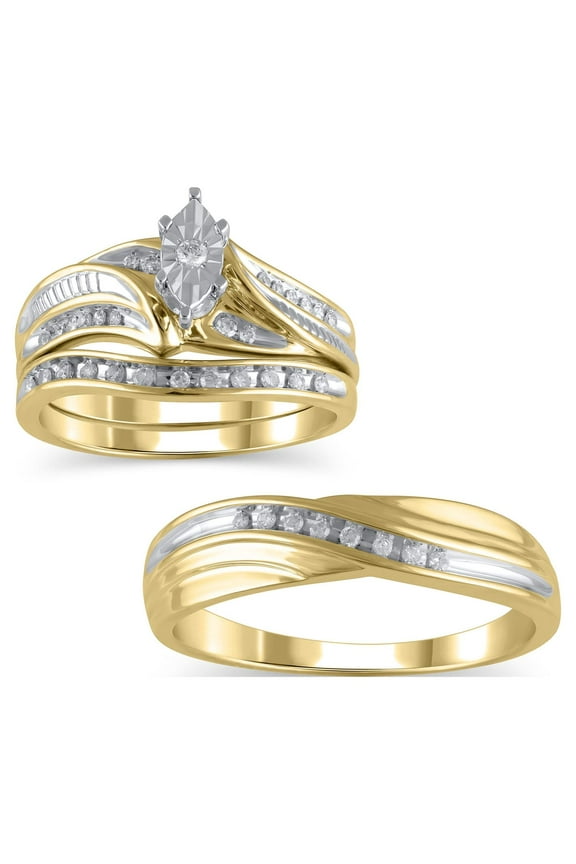 1/4 Ct His & Hers Forever Bride Diamond Trio Set of Bridal Ring & Mens Wedding Band 10K Yellow Gold
