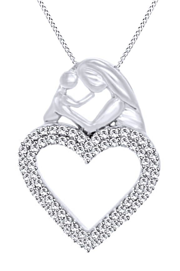 1/4 Ct White Diamond Mom & Ba Heart Pendant Necklace In 10K Solid White Gold For Mother's Day Special