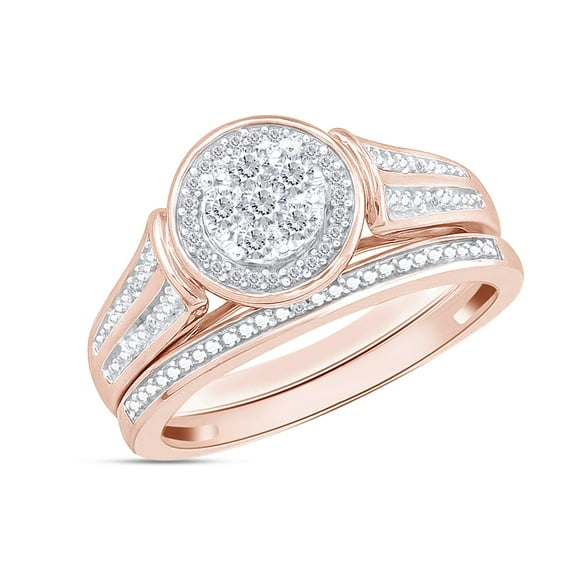 AFFY 1/4 Cttw Round Shape Natural White Diamond Bridal Set Wedding Ring In 14K Rose Gold Over Sterling Silver (J-K Color, I2-I3 Clarity), Ring Size-4.5