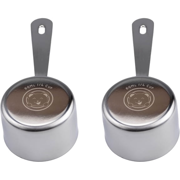 1/4 Cup 60 ml Leave-in Measuring Scoop Cups v2, Polished Stainless Steel (Set of 2)