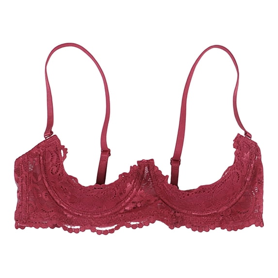 1/4 Cup Push Up Bras for Women Sexy Underwire Lace Bra Lightweight See Through Balconette Padded Adjustable Straps Lingerie Shelf Bra Breathable Tops Beach Travel, Red S