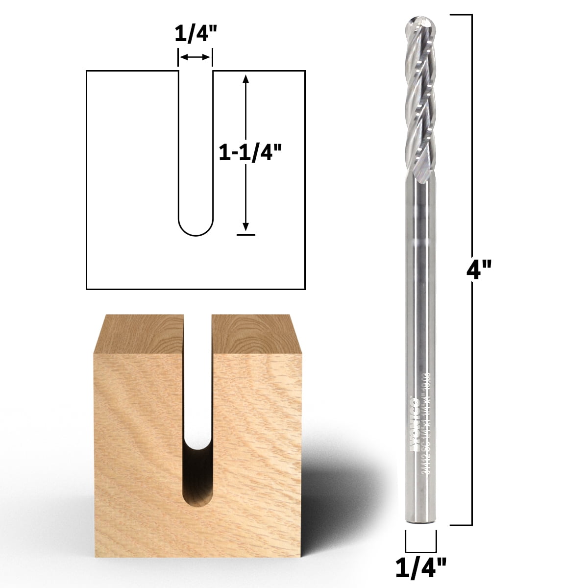 1/4" Dia. 4 Flute Ball Nose Spiral End Mill CNC Router Bit - 1/4" Shank - Yonico 34412-SC